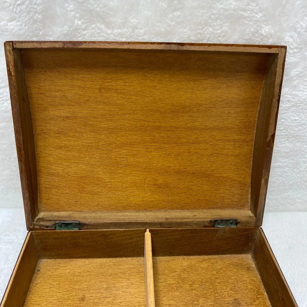 VTG Wooden Jewelry Trinket Box Intricate Floral Inlay Hinged Lidded Compartments